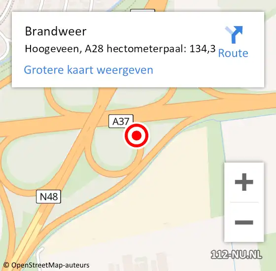 Locatie op kaart van de 112 melding: Brandweer Hoogeveen, A28 hectometerpaal: 134,3 op 4 januari 2025 22:25