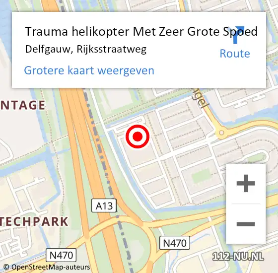 Locatie op kaart van de 112 melding: Trauma helikopter Met Zeer Grote Spoed Naar Delfgauw, Rijksstraatweg op 4 januari 2025 23:01