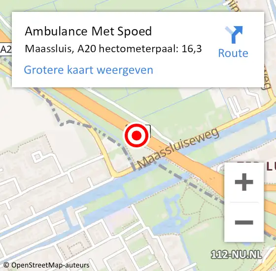 Locatie op kaart van de 112 melding: Ambulance Met Spoed Naar Maassluis, A20 hectometerpaal: 16,3 op 5 januari 2025 05:58