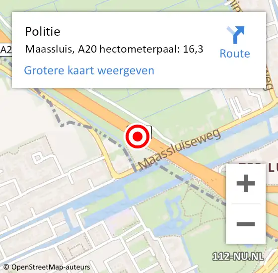 Locatie op kaart van de 112 melding: Politie Maassluis, A20 hectometerpaal: 16,3 op 5 januari 2025 05:59