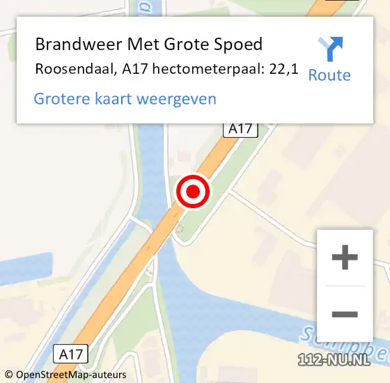 Locatie op kaart van de 112 melding: Brandweer Met Grote Spoed Naar Roosendaal, A17 hectometerpaal: 22,1 op 5 januari 2025 06:00