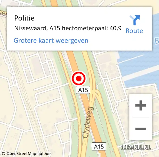 Locatie op kaart van de 112 melding: Politie Nissewaard, A15 hectometerpaal: 40,9 op 5 januari 2025 07:04