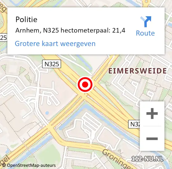 Locatie op kaart van de 112 melding: Politie Arnhem, N325 hectometerpaal: 21,4 op 5 januari 2025 07:07