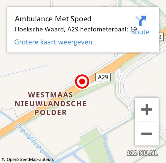 Locatie op kaart van de 112 melding: Ambulance Met Spoed Naar Hoeksche Waard, A29 hectometerpaal: 19 op 5 januari 2025 07:29