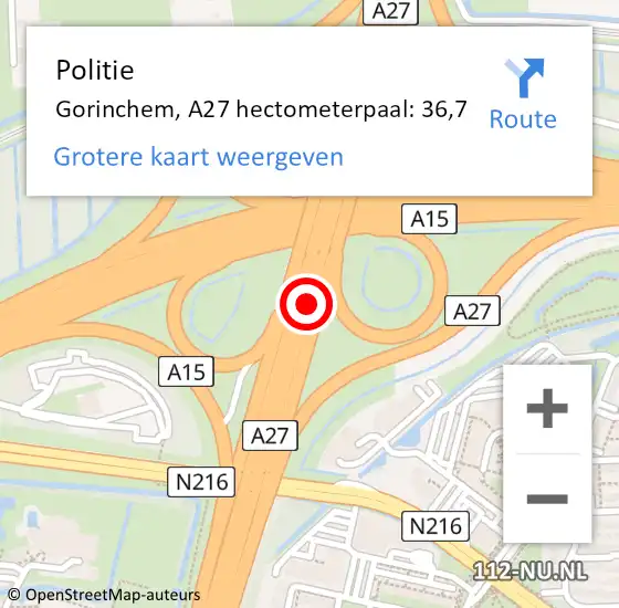 Locatie op kaart van de 112 melding: Politie Gorinchem, A27 hectometerpaal: 36,7 op 5 januari 2025 11:04