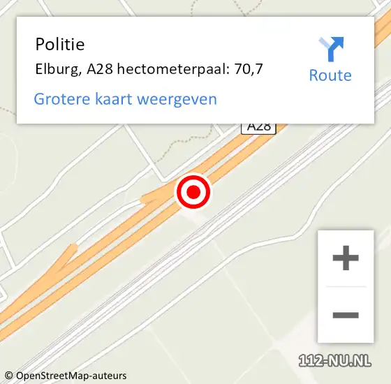 Locatie op kaart van de 112 melding: Politie Elburg, A28 hectometerpaal: 70,7 op 5 januari 2025 15:01