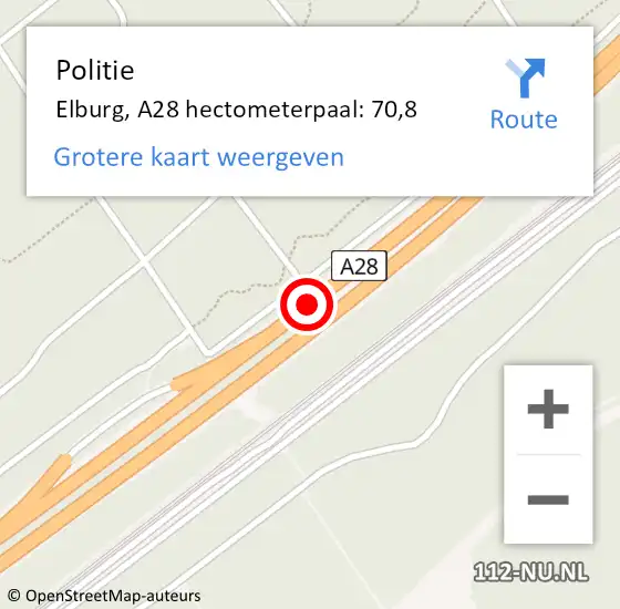 Locatie op kaart van de 112 melding: Politie Elburg, A28 hectometerpaal: 70,8 op 5 januari 2025 15:02