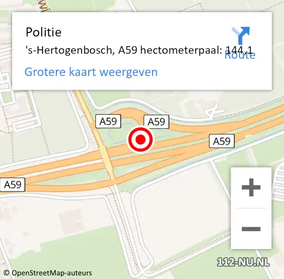 Locatie op kaart van de 112 melding: Politie 's-Hertogenbosch, A59 hectometerpaal: 144,1 op 5 januari 2025 16:07