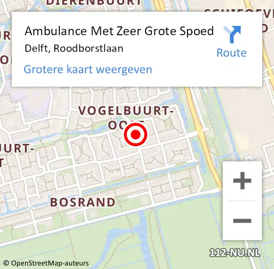 Locatie op kaart van de 112 melding: Ambulance Met Zeer Grote Spoed Naar Delft, Roodborstlaan op 5 januari 2025 18:57