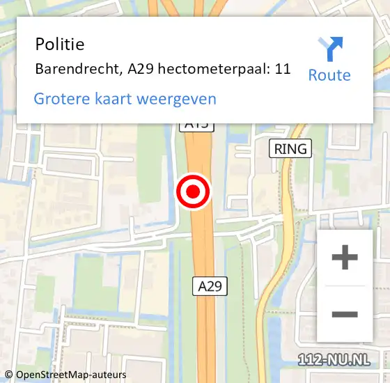 Locatie op kaart van de 112 melding: Politie Barendrecht, A29 hectometerpaal: 11 op 5 januari 2025 19:07