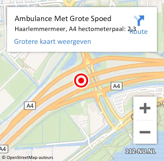 Locatie op kaart van de 112 melding: Ambulance Met Grote Spoed Naar Haarlemmermeer, A4 hectometerpaal: 2,3 op 5 januari 2025 20:23