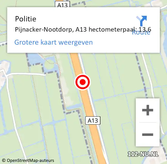 Locatie op kaart van de 112 melding: Politie Pijnacker-Nootdorp, A13 hectometerpaal: 13,6 op 5 januari 2025 21:30