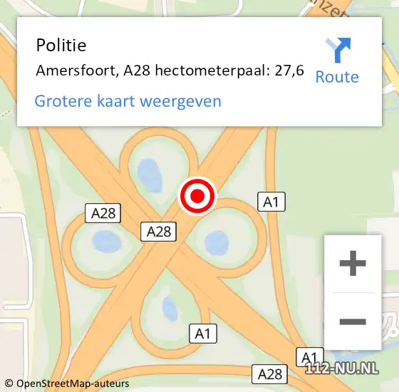 Locatie op kaart van de 112 melding: Politie Amersfoort, A28 hectometerpaal: 27,6 op 5 januari 2025 22:30