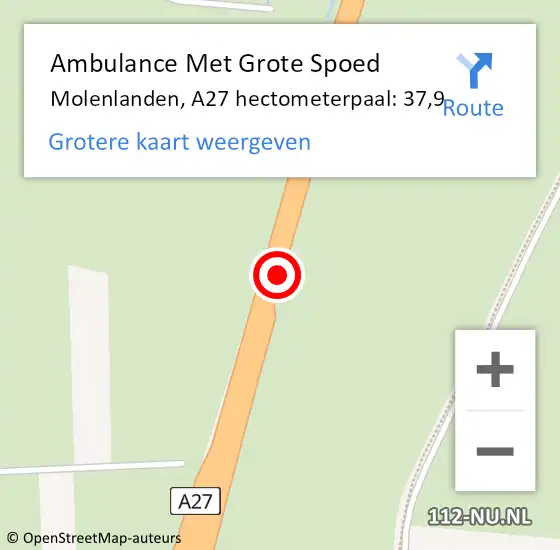 Locatie op kaart van de 112 melding: Ambulance Met Grote Spoed Naar Molenlanden, A27 hectometerpaal: 37,9 op 5 januari 2025 23:11