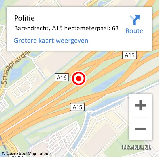 Locatie op kaart van de 112 melding: Politie Barendrecht, A15 hectometerpaal: 63 op 6 januari 2025 03:45