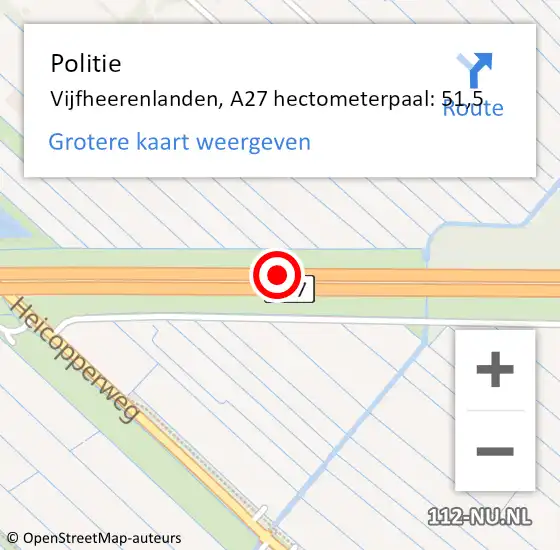 Locatie op kaart van de 112 melding: Politie Vijfheerenlanden, A27 hectometerpaal: 51,5 op 6 januari 2025 06:07