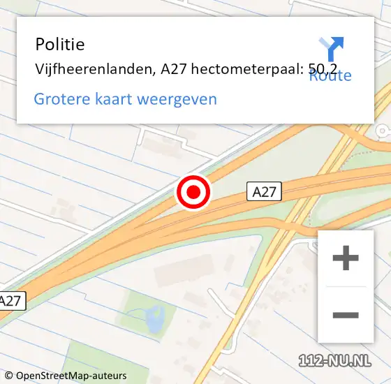 Locatie op kaart van de 112 melding: Politie Vijfheerenlanden, A27 hectometerpaal: 50,2 op 6 januari 2025 06:07