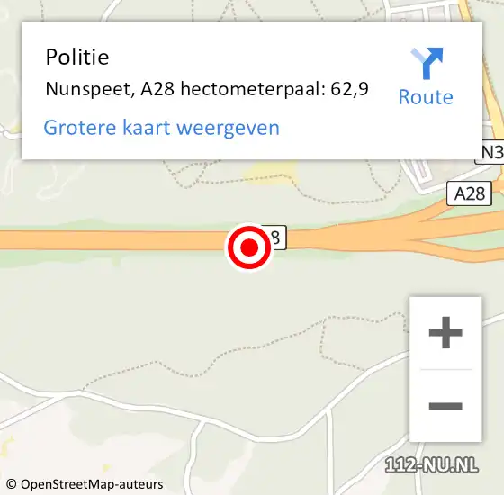 Locatie op kaart van de 112 melding: Politie Nunspeet, A28 hectometerpaal: 62,9 op 6 januari 2025 06:43