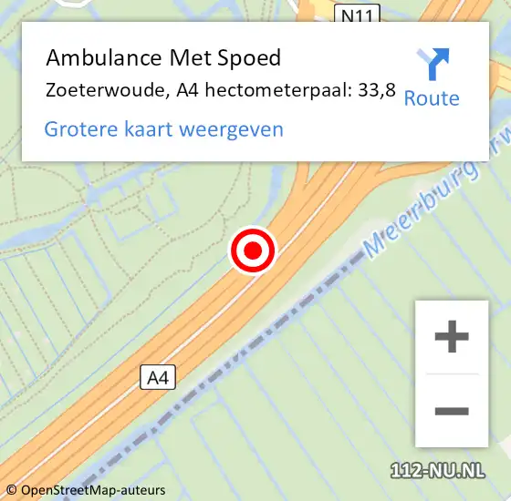 Locatie op kaart van de 112 melding: Ambulance Met Spoed Naar Zoeterwoude, A4 hectometerpaal: 33,8 op 6 januari 2025 07:25