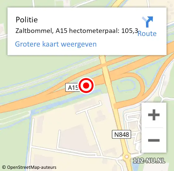 Locatie op kaart van de 112 melding: Politie Zaltbommel, A15 hectometerpaal: 105,3 op 6 januari 2025 07:33