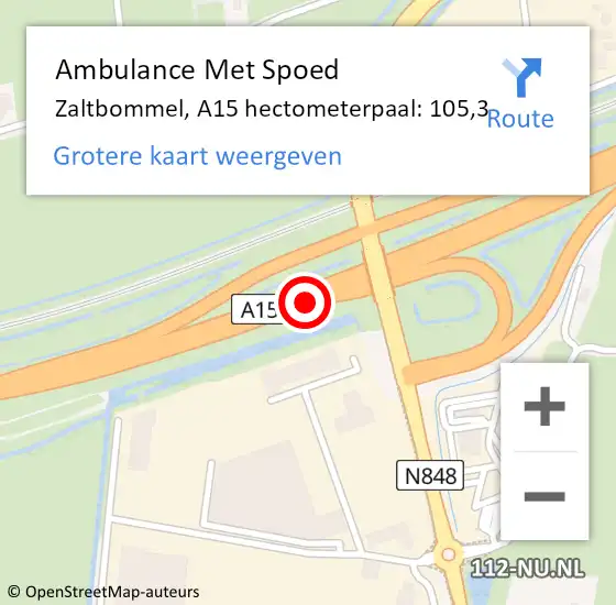 Locatie op kaart van de 112 melding: Ambulance Met Spoed Naar Zaltbommel, A15 hectometerpaal: 105,3 op 6 januari 2025 07:41