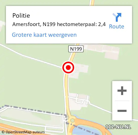 Locatie op kaart van de 112 melding: Politie Amersfoort, N199 hectometerpaal: 2,4 op 6 januari 2025 07:56