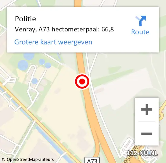 Locatie op kaart van de 112 melding: Politie Venray, A73 hectometerpaal: 66,8 op 6 januari 2025 09:01