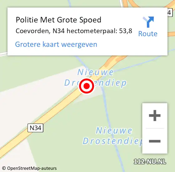 Locatie op kaart van de 112 melding: Politie Met Grote Spoed Naar Coevorden, N34 hectometerpaal: 53,8 op 6 januari 2025 11:10