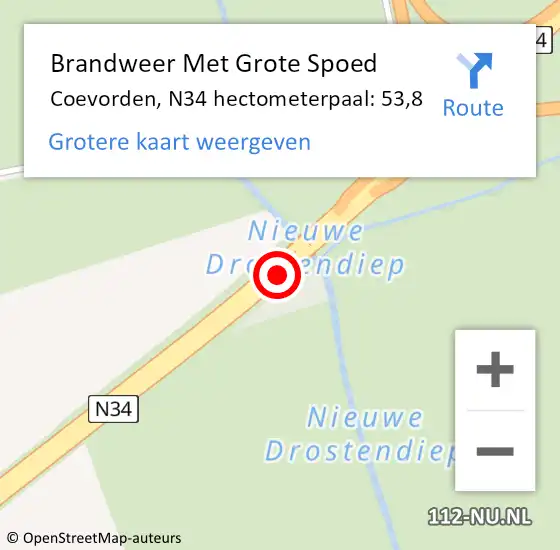 Locatie op kaart van de 112 melding: Brandweer Met Grote Spoed Naar Coevorden, N34 hectometerpaal: 53,8 op 6 januari 2025 11:12