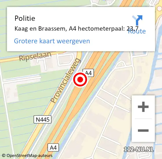 Locatie op kaart van de 112 melding: Politie Kaag en Braassem, A4 hectometerpaal: 23,7 op 6 januari 2025 11:48