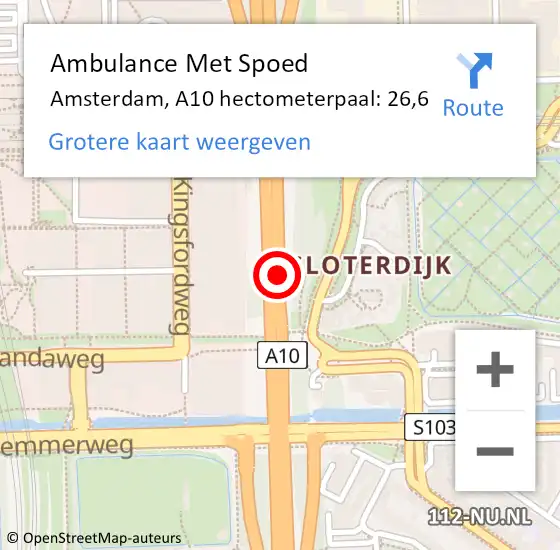 Locatie op kaart van de 112 melding: Ambulance Met Spoed Naar Amsterdam, A10 hectometerpaal: 26,6 op 6 januari 2025 12:55