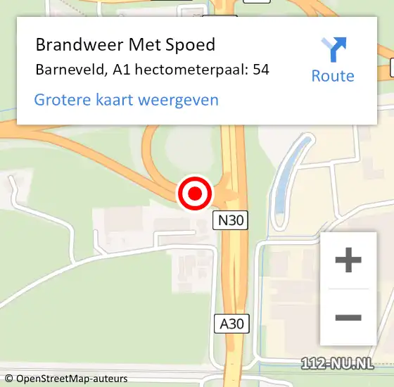 Locatie op kaart van de 112 melding: Brandweer Met Spoed Naar Barneveld, A1 hectometerpaal: 54 op 6 januari 2025 14:40