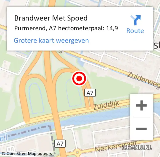 Locatie op kaart van de 112 melding: Brandweer Met Spoed Naar Purmerend, A7 hectometerpaal: 14,9 op 6 januari 2025 14:58