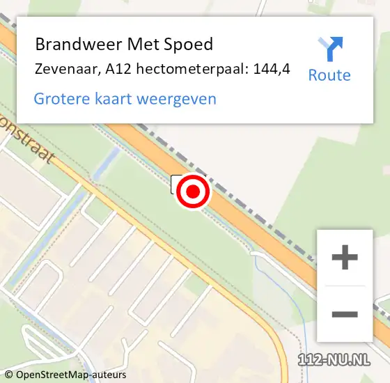 Locatie op kaart van de 112 melding: Brandweer Met Spoed Naar Zevenaar, A12 hectometerpaal: 144,4 op 6 januari 2025 15:12