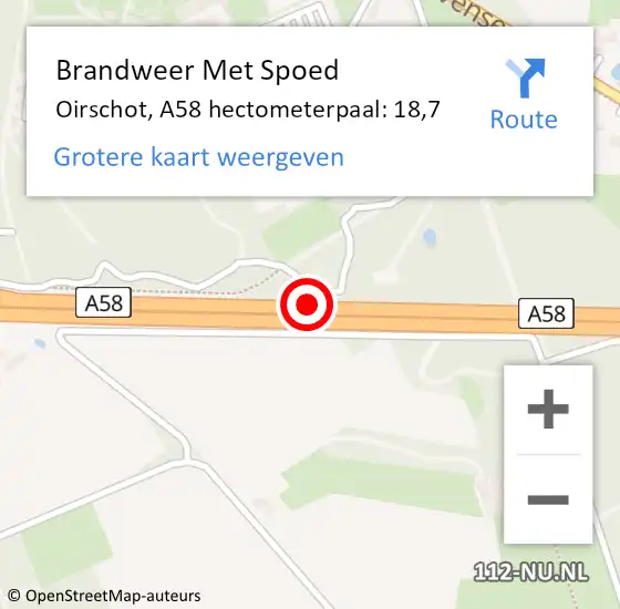 Locatie op kaart van de 112 melding: Brandweer Met Spoed Naar Oirschot, A58 hectometerpaal: 18,7 op 6 januari 2025 15:36