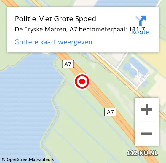 Locatie op kaart van de 112 melding: Politie Met Grote Spoed Naar De Fryske Marren, A7 hectometerpaal: 131,7 op 6 januari 2025 15:40