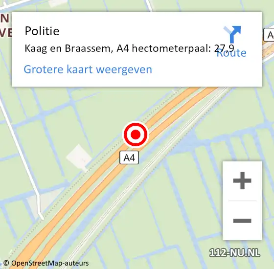 Locatie op kaart van de 112 melding: Politie Kaag en Braassem, A4 hectometerpaal: 27,9 op 6 januari 2025 15:53