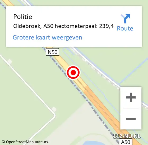 Locatie op kaart van de 112 melding: Politie Oldebroek, A50 hectometerpaal: 239,4 op 6 januari 2025 16:10