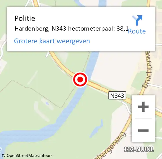 Locatie op kaart van de 112 melding: Politie Hardenberg, N343 hectometerpaal: 38,1 op 6 januari 2025 16:42