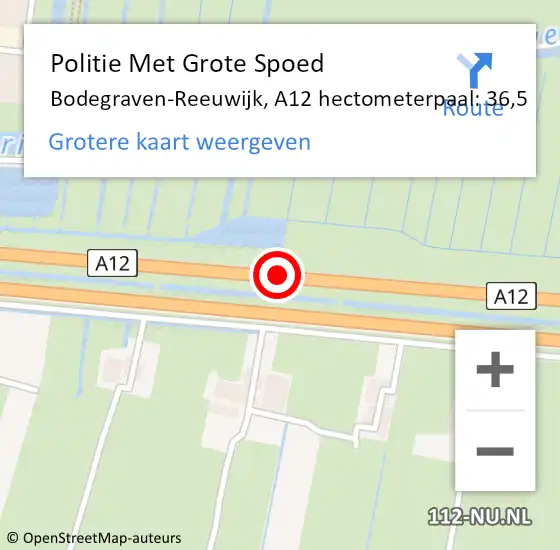 Locatie op kaart van de 112 melding: Politie Met Grote Spoed Naar Bodegraven-Reeuwijk, A12 hectometerpaal: 36,5 op 6 januari 2025 16:52