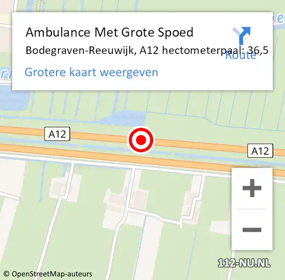 Locatie op kaart van de 112 melding: Ambulance Met Grote Spoed Naar Bodegraven-Reeuwijk, A12 hectometerpaal: 36,5 op 6 januari 2025 16:52