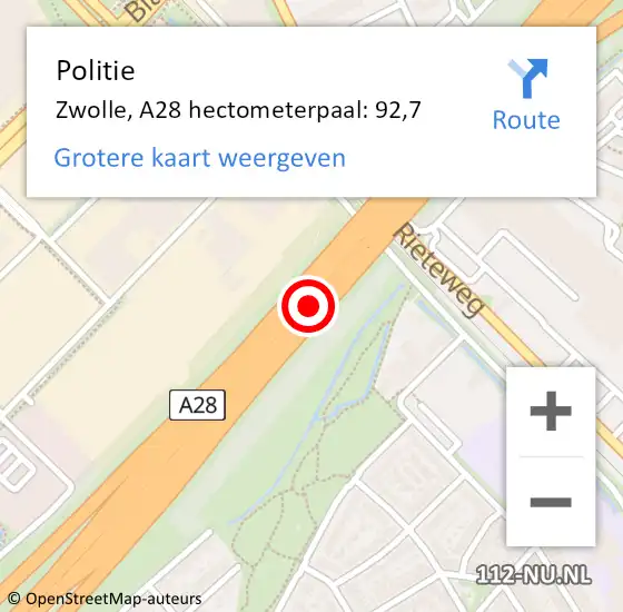 Locatie op kaart van de 112 melding: Politie Zwolle, A28 hectometerpaal: 92,7 op 6 januari 2025 17:26