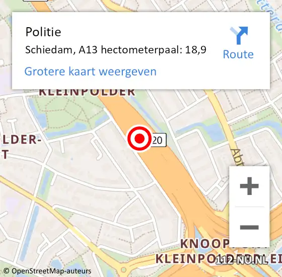 Locatie op kaart van de 112 melding: Politie Schiedam, A13 hectometerpaal: 18,9 op 6 januari 2025 18:42