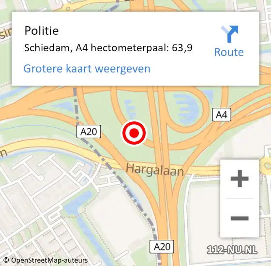 Locatie op kaart van de 112 melding: Politie Schiedam, A4 hectometerpaal: 63,9 op 6 januari 2025 23:48