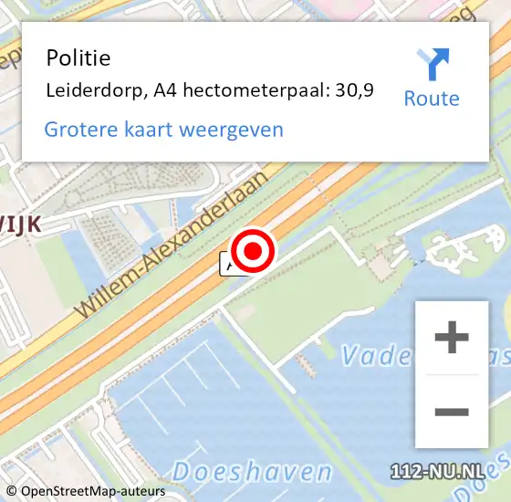 Locatie op kaart van de 112 melding: Politie Leiderdorp, A4 hectometerpaal: 30,9 op 7 januari 2025 01:23