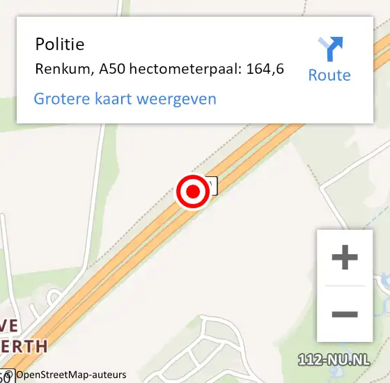 Locatie op kaart van de 112 melding: Politie Renkum, A50 hectometerpaal: 164,6 op 7 januari 2025 04:39