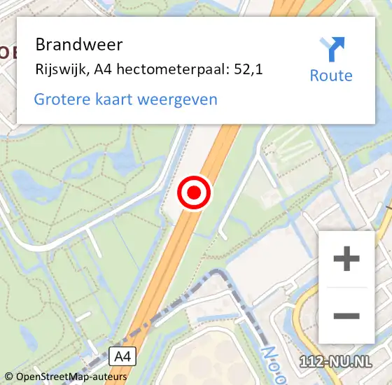 Locatie op kaart van de 112 melding: Brandweer Rijswijk, A4 hectometerpaal: 52,1 op 7 januari 2025 06:59