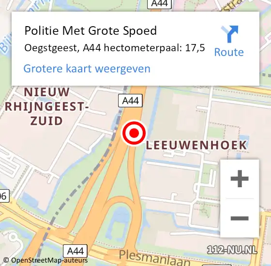 Locatie op kaart van de 112 melding: Politie Met Grote Spoed Naar Oegstgeest, A44 hectometerpaal: 17,5 op 7 januari 2025 07:08