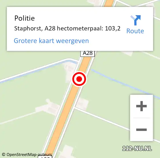 Locatie op kaart van de 112 melding: Politie Staphorst, A28 hectometerpaal: 103,2 op 7 januari 2025 07:36