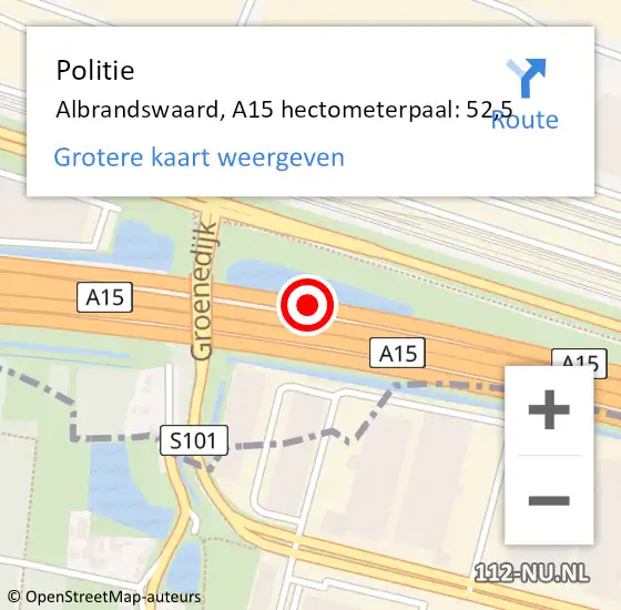 Locatie op kaart van de 112 melding: Politie Albrandswaard, A15 hectometerpaal: 52,5 op 7 januari 2025 07:38